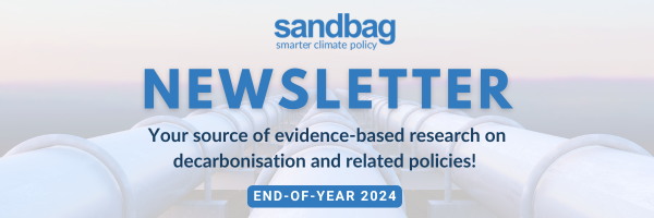Newsletter banner featuring Sandbag's logo, tagline 'Smarter climate policy,' and a background image of industrial pipelines fading into the horizon.