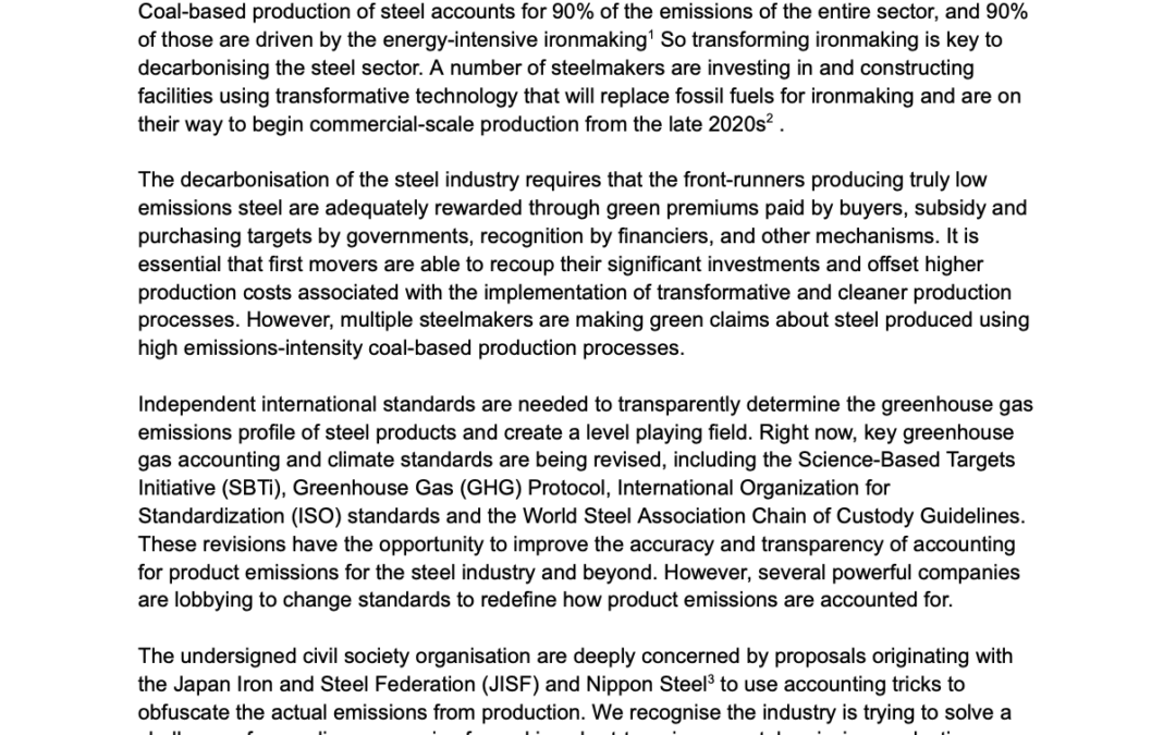 Steel emissions standards under threat from flawed “mass balance” proposal