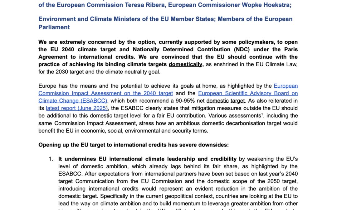 Open letter against international credits integration into the EU 2040 climate target and NDC